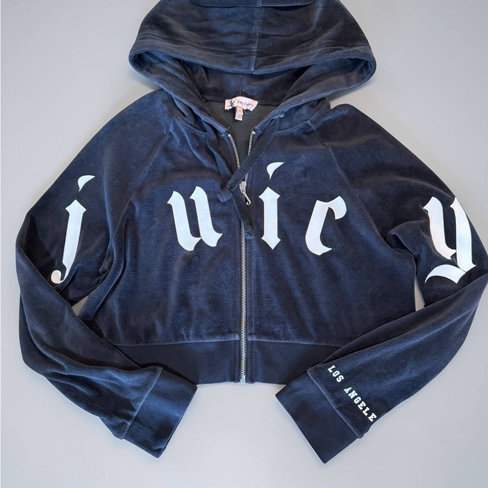 Juicy Couture x Urban Outfitters Black Velour Cropped Hoodie Gothic Print Zip Up - Picture 7 of 14